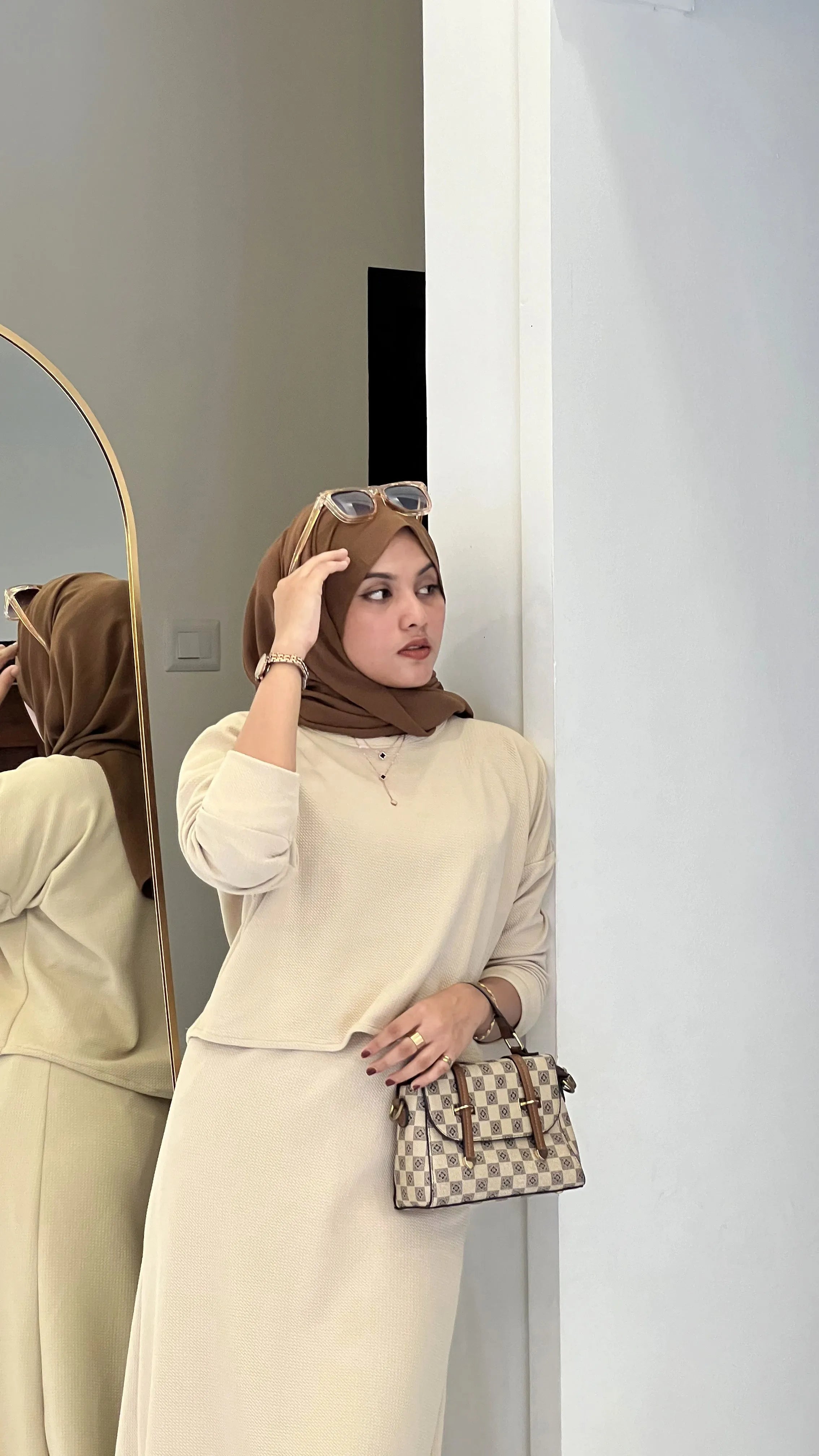 Yezwe Turkish Short Top and Skirt Set with Knitted Kar- Modest wear