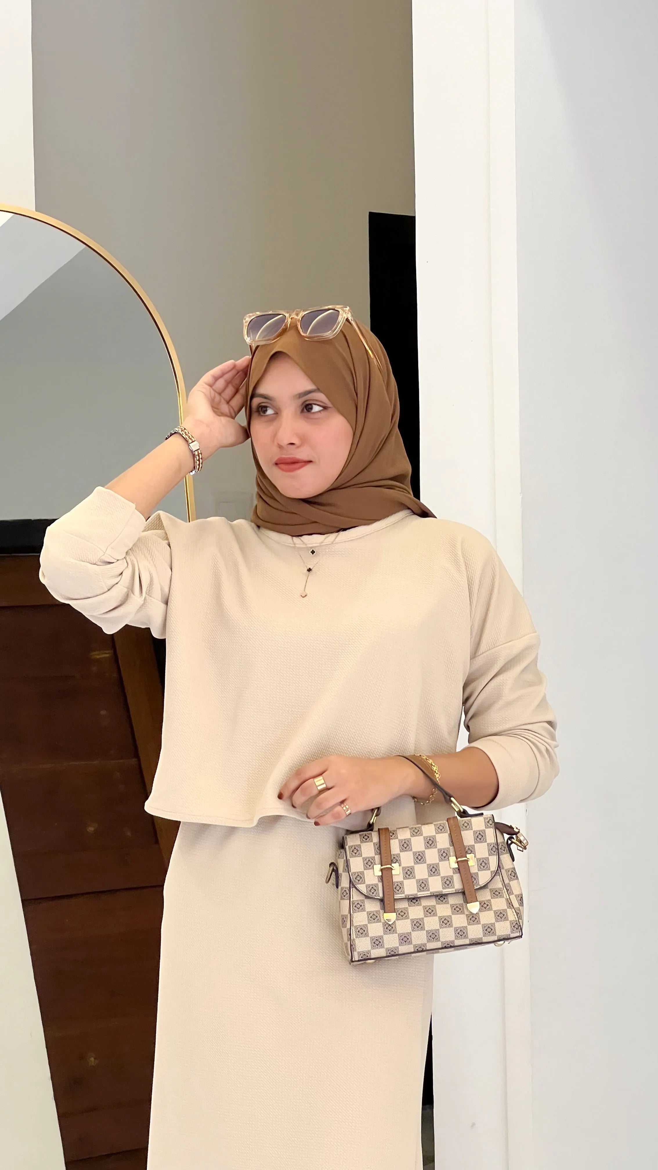 Yezwe Turkish Short Top and Skirt Set with Knitted Kar- Modest wear XXS 30 Dark Beige