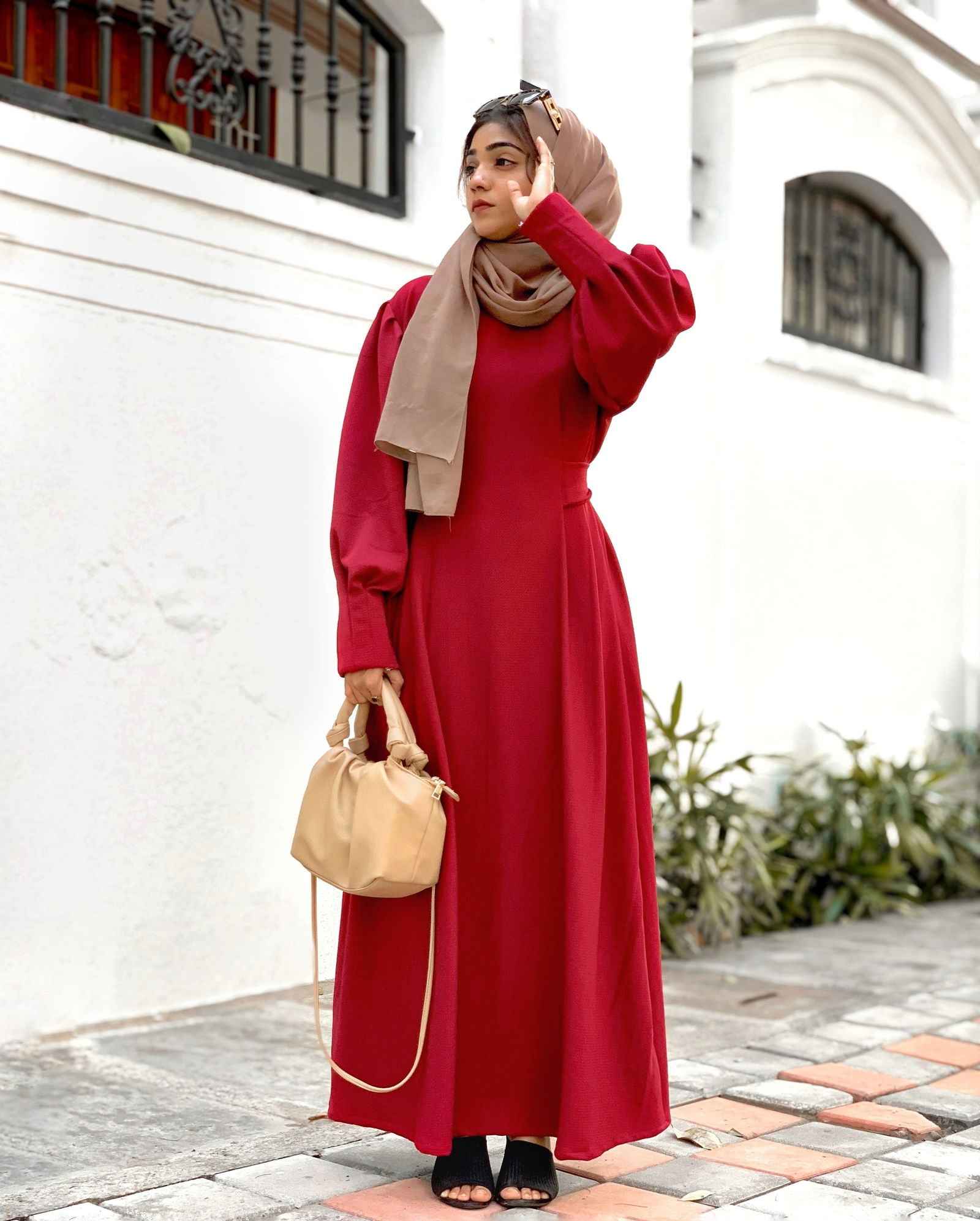 Yezwe knitted Modest maxi dress for women in deep red with puff sleeves and a stylish scarf