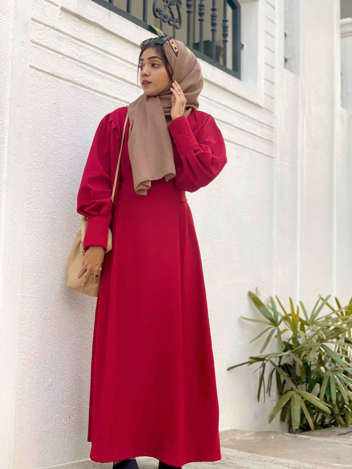 Yezwe knitted Modest maxi dress for women in red with long sleeves and a stylish hijab