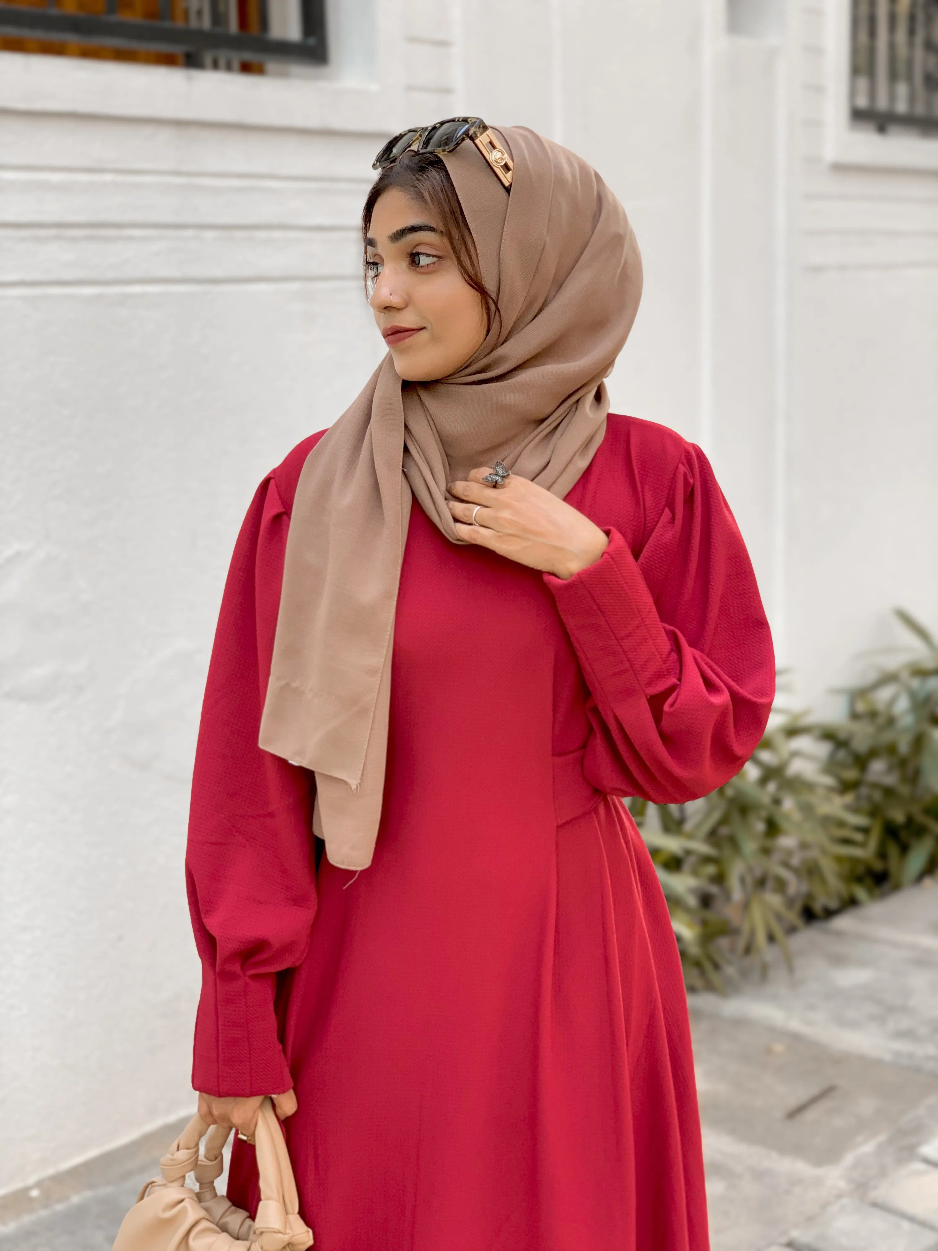 Yezwe knitted Modest maxi dress for women in burgundy with puff sleeves and a stylish hijab