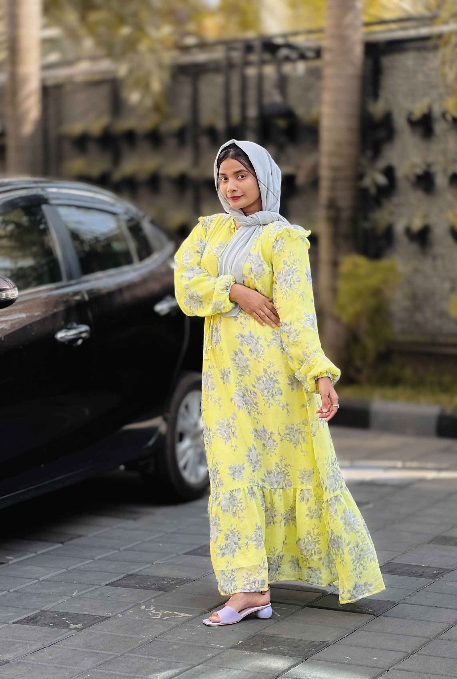 YEZWE Lemon Yellow Maxi Dress with Flare and Cloth Belt - Elegant Full Length Dress