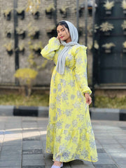 YEZWE Lemon Yellow Maxi Dress with Flare and Cloth Belt - Elegant Full Length Dress