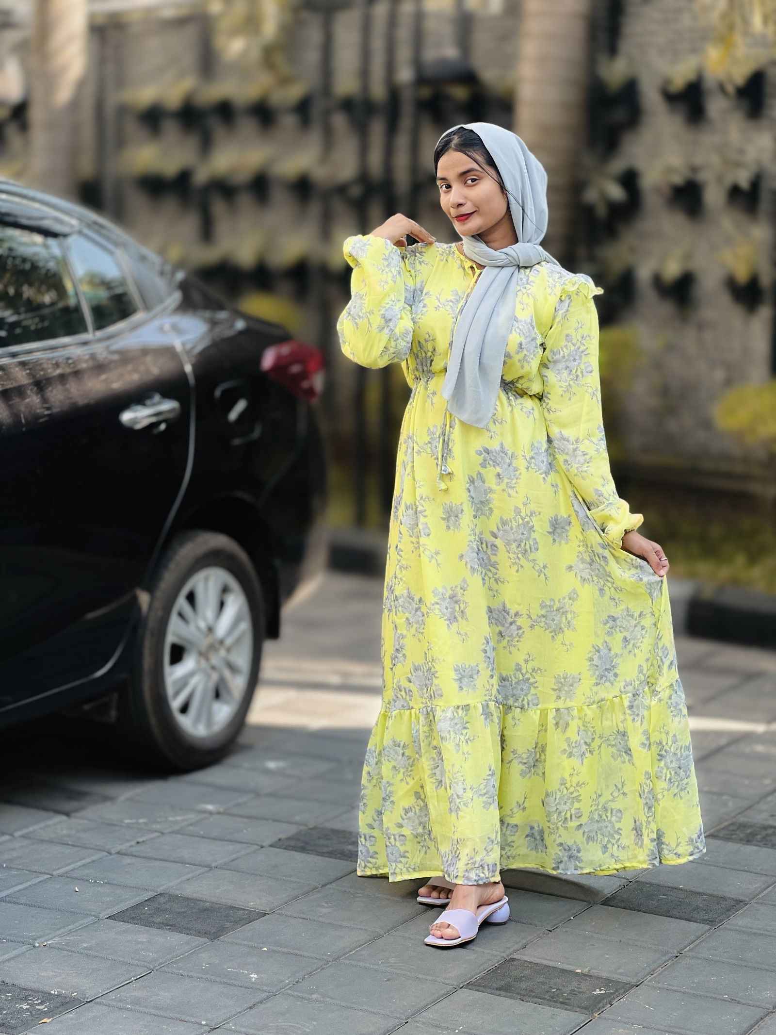 YEZWE Lemon Yellow Maxi Dress with Flare and Cloth Belt - Elegant Full Length Dress