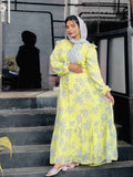 YEZWE Lemon Yellow Maxi Dress with Flare and Cloth Belt - Elegant Full Length Dress