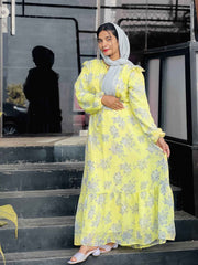 YEZWE Lemon Yellow Maxi Dress with Flare and Cloth Belt - Elegant Full Length Dress