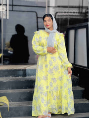 YEZWE Lemon Yellow Maxi Dress with Flare and Cloth Belt - Elegant Full Length Dress