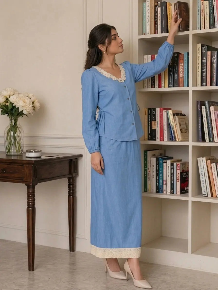 Woman standing near a bookshelf wearing a light blue denim co-ord set with hakoba detailing, modest elegant outfit for everyday wear