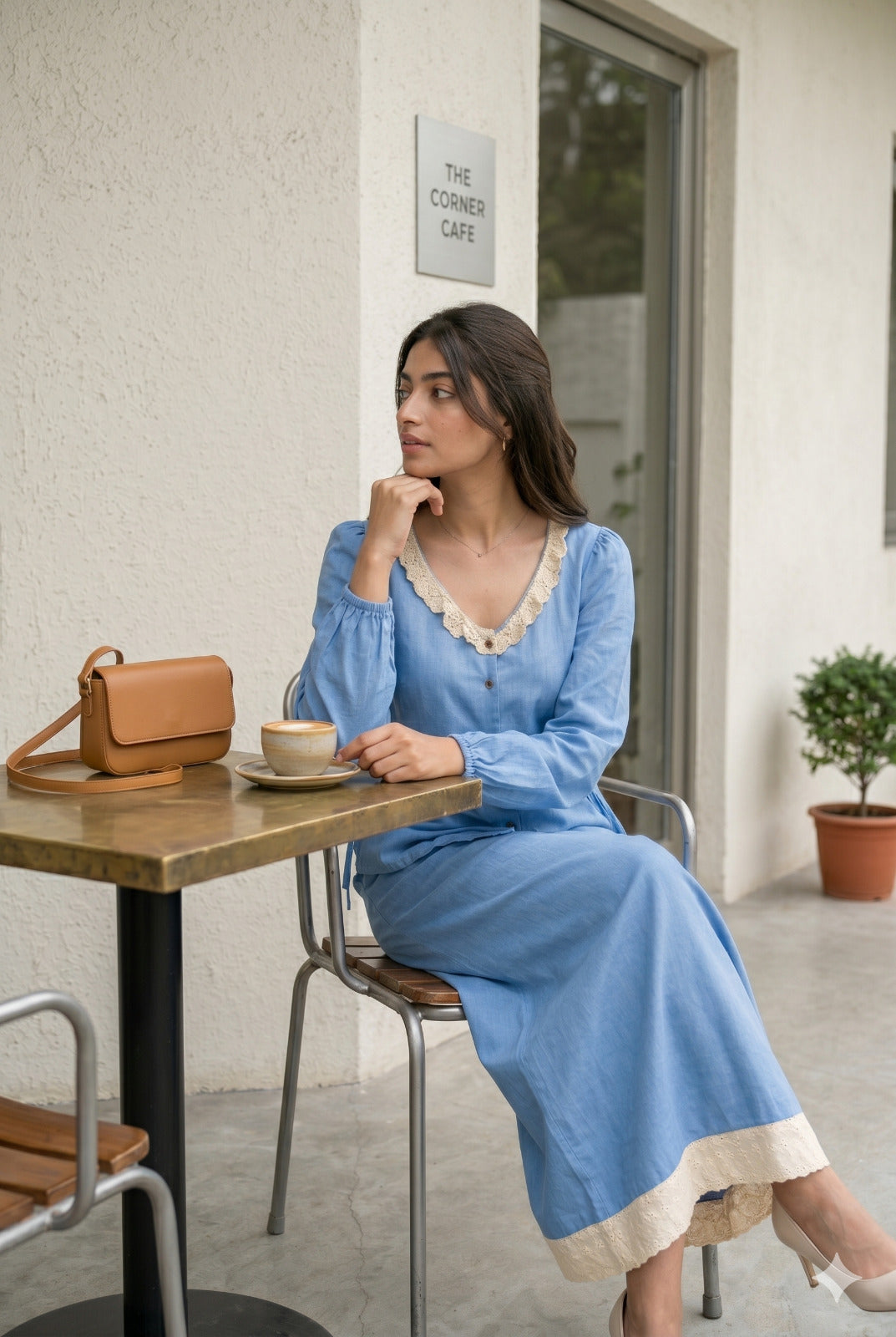 Woman sitting at a cafe table wearing a light blue denim co-ord set with hakoba detailing, modest elegant outfit for casual wear