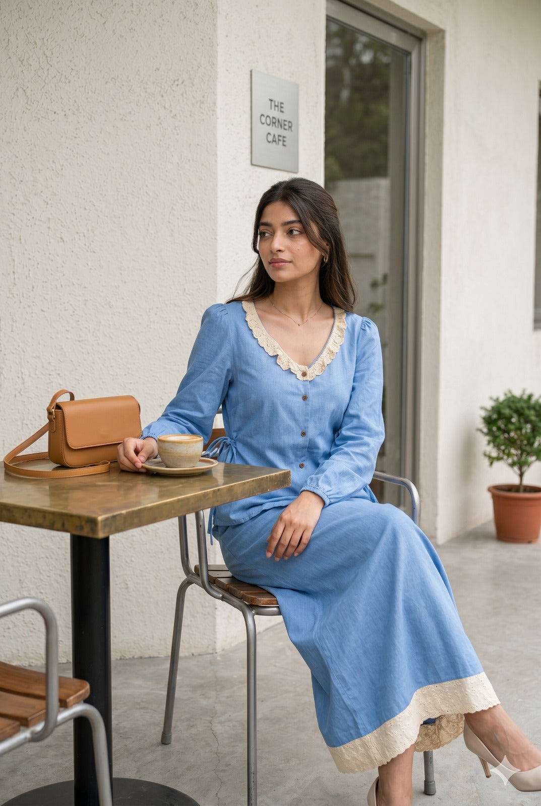 Woman sitting at a cafe wearing a light blue denim co-ord set with hakoba detailing, modest elegant outfit for casual outings