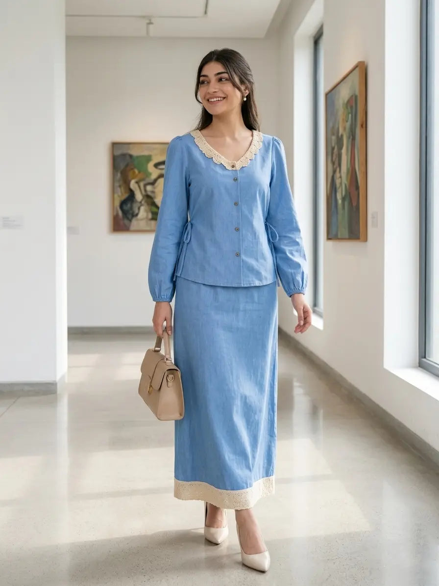 Woman walking in a light blue denim co-ord set with hakoba detailing, modest elegant outfit for everyday wear