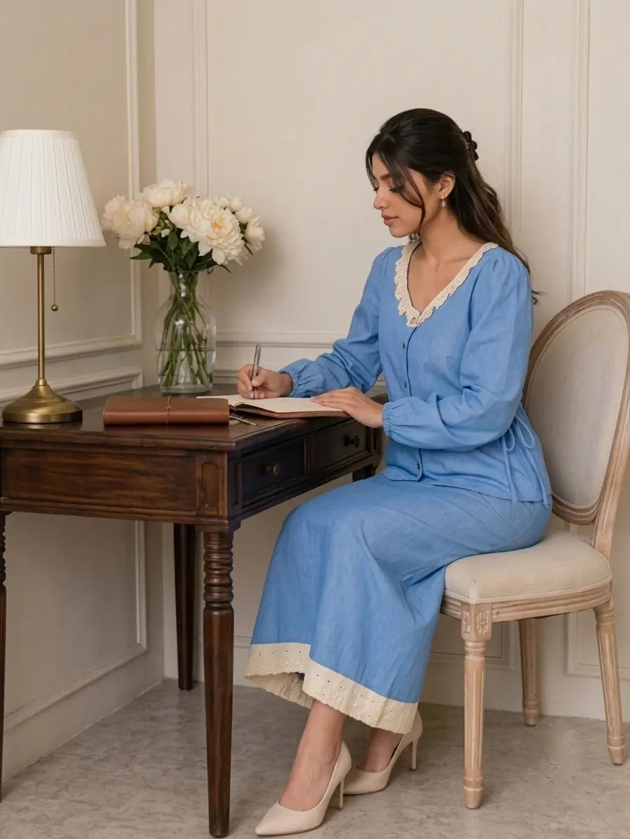 Woman writing at a desk wearing a light blue denim co-ord set with hakoba detailing, modest elegant outfit for everyday wear