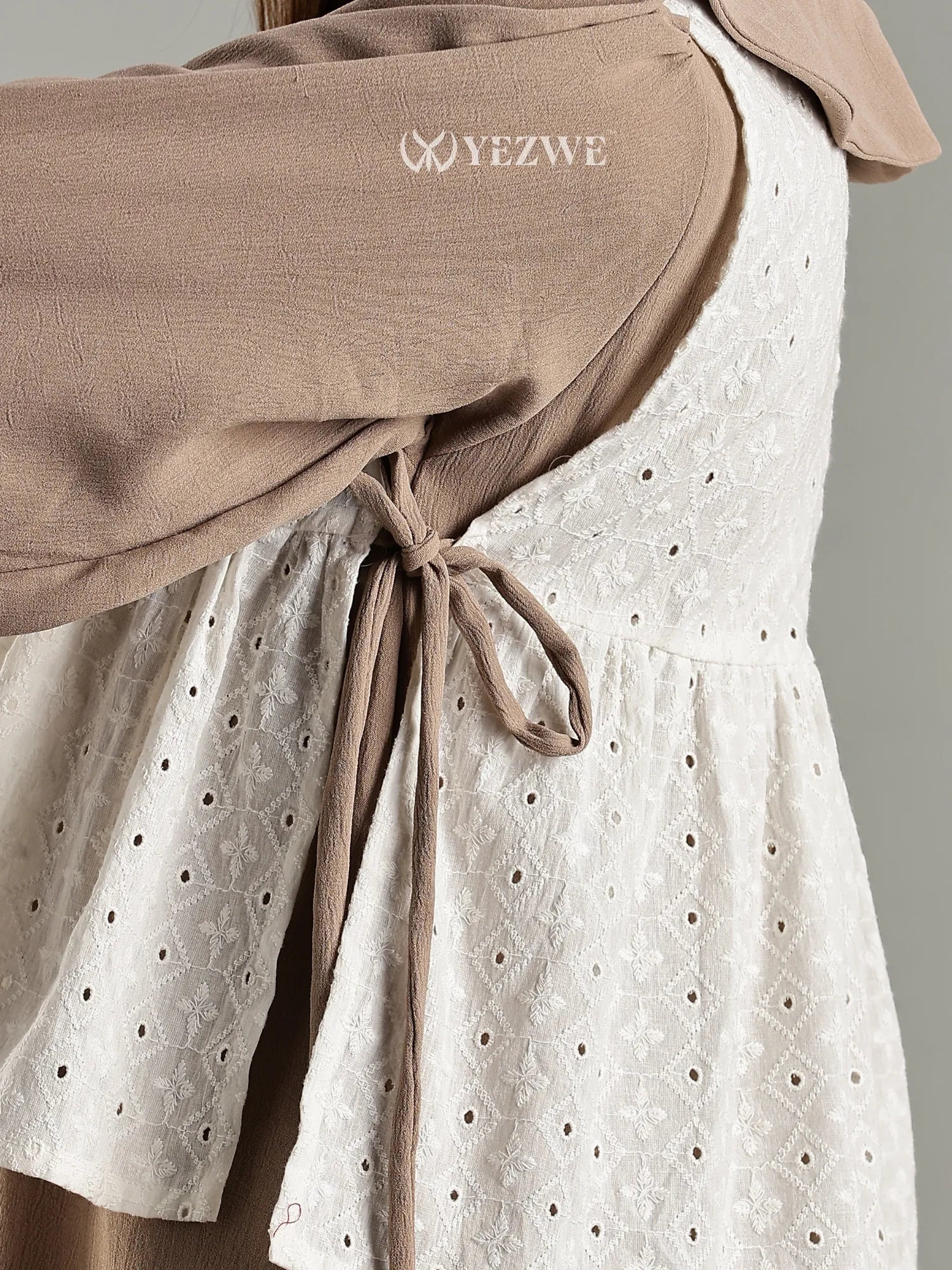 YEZWE Light Mocha Brown Cey Layered Modest Maxi Dress with Hakoba Shrug styled 