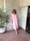 Yeziwe Linen Cotton Modest co-ord set in soft pink, featuring a long shirt and matching pants