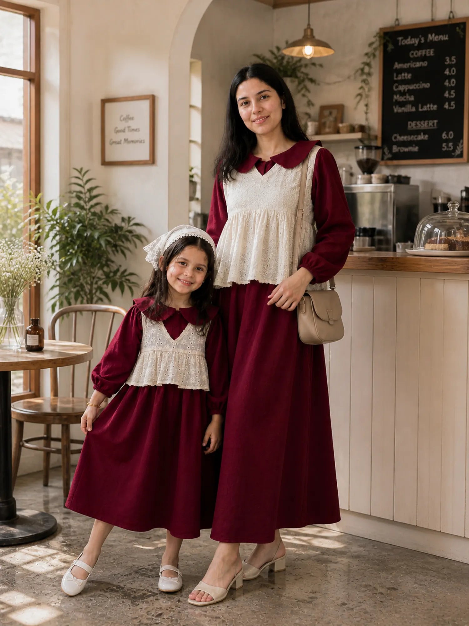 Maroon CEY Fabric Mother Daughter Combo Dress With Hakoba Layer for stylish family outings