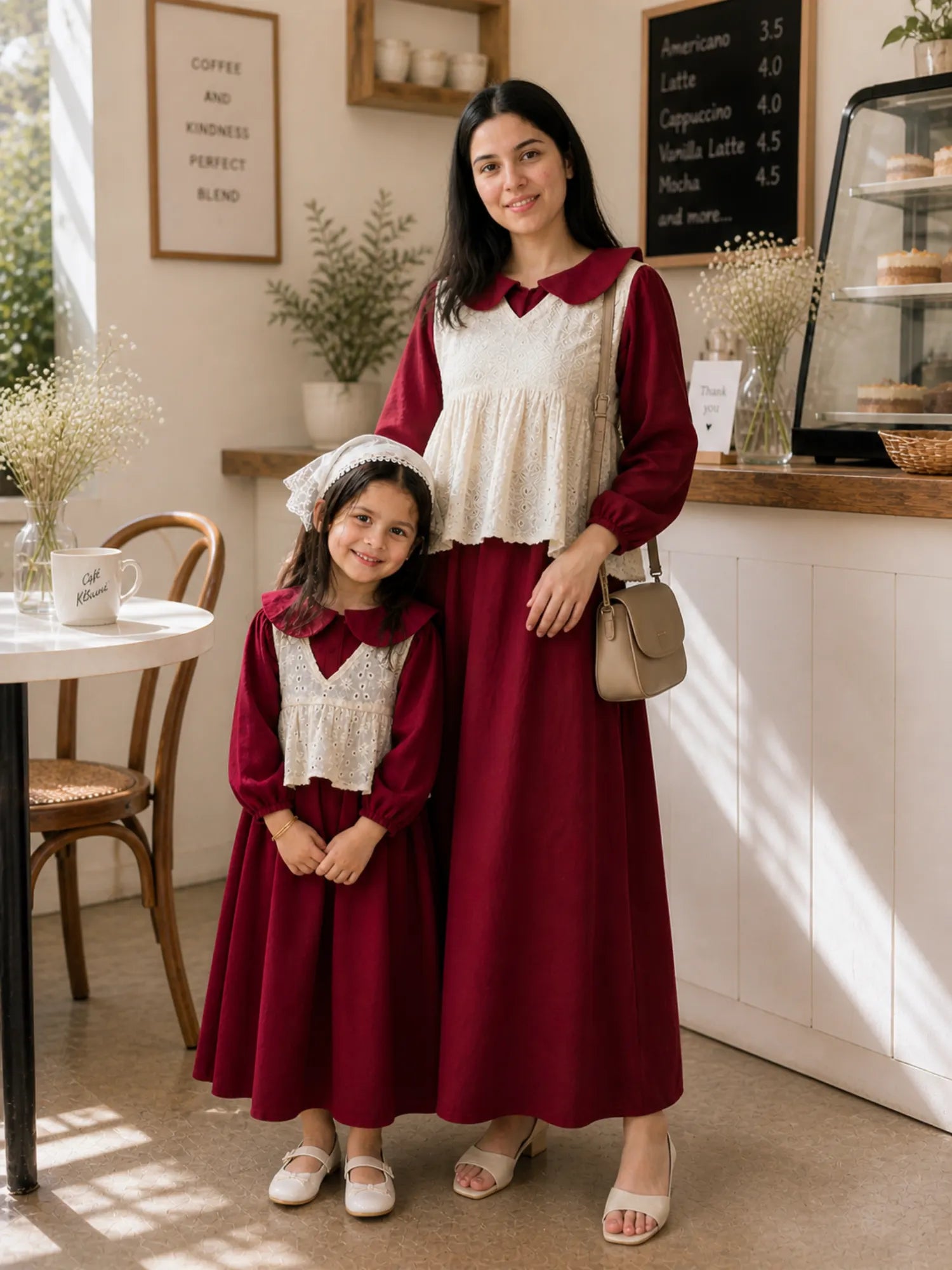 Maroon CEY Fabric Mother Daughter Combo Dress With Hakoba Layer for stylish family outfits