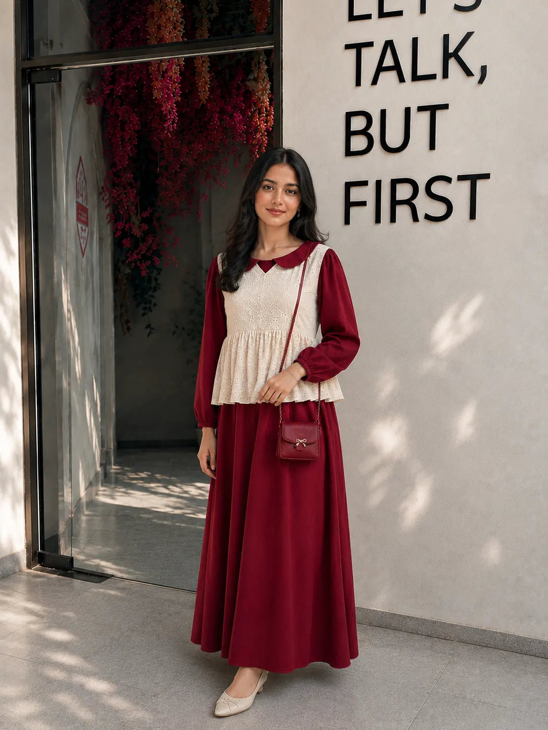 Maroon Premium Hakoba Maxi Dress | Modest Wear for Women with Comfortable Fit, styled with a blouse.