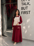 Maroon Premium Hakoba Maxi Dress | Modest Wear for Women with Comfortable Fit, styled with a blouse.