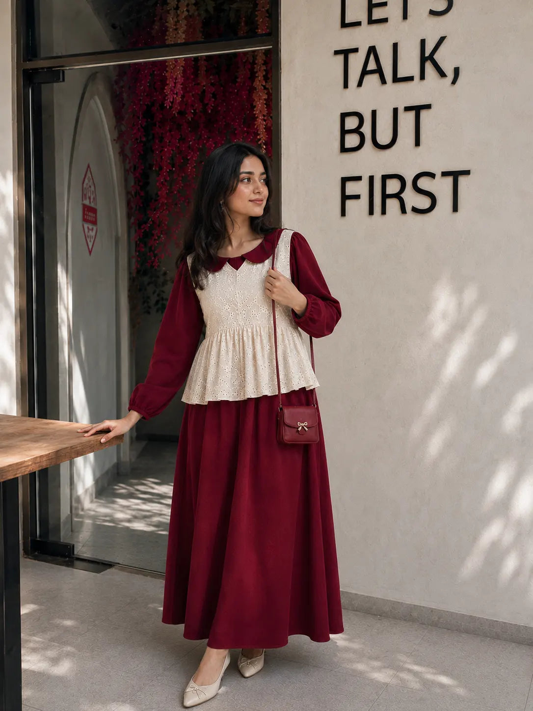 Maroon Premium Hakoba Maxi Dress | Modest Wear for Women with Comfortable Fit, styled with elegant details