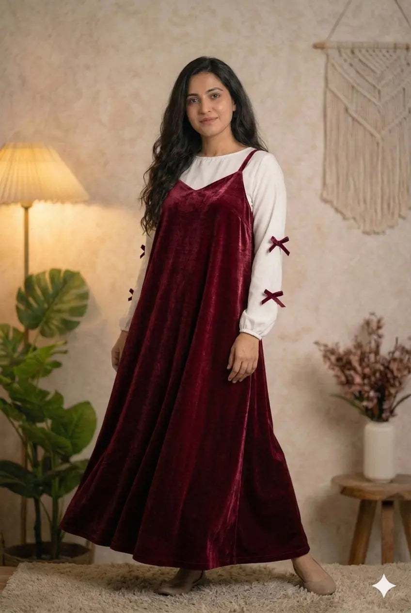 Maroon Velvet Sleeveless Gown with Knitted Inner | Modest Maxi Dress for Women styled with a white blouse