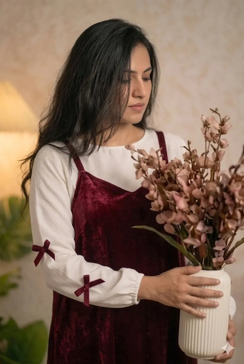 Maroon Velvet Sleeveless Gown with Knitted Inner | Modest Maxi Dress for Women styled with floral arrangement.