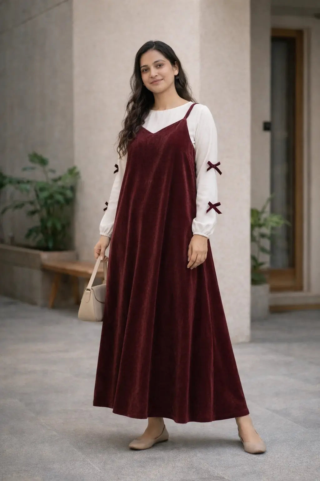 Maroon Velvet Sleeveless Gown with Knitted Inner | Modest Maxi Dress for Women by YEZWE, perfect for elegant occasions