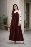 Maroon Velvet Sleeveless Gown with Knitted Inner | Modest Maxi Dress for Women by YEZWE, perfect for elegant occasions