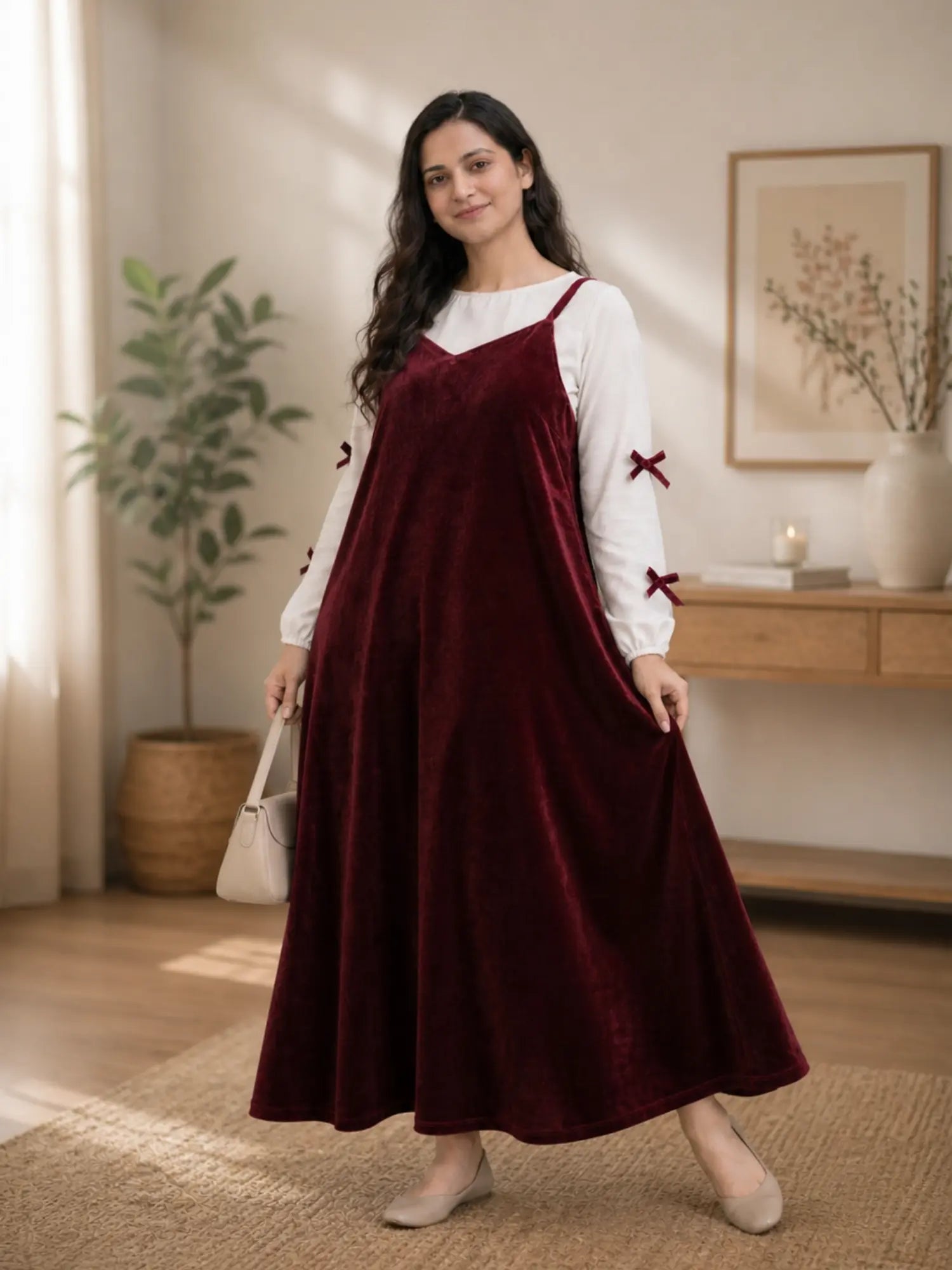 Maroon Velvet Sleeveless Gown with Knitted Inner | Modest Maxi Dress for Women in a cozy indoor setting
