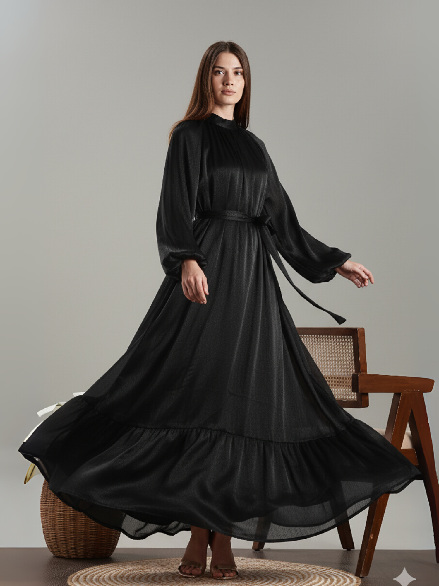Elegant Yezwe Maxi Dress in Black with Flowing Silhouette and Belted Waist for Effortless Style