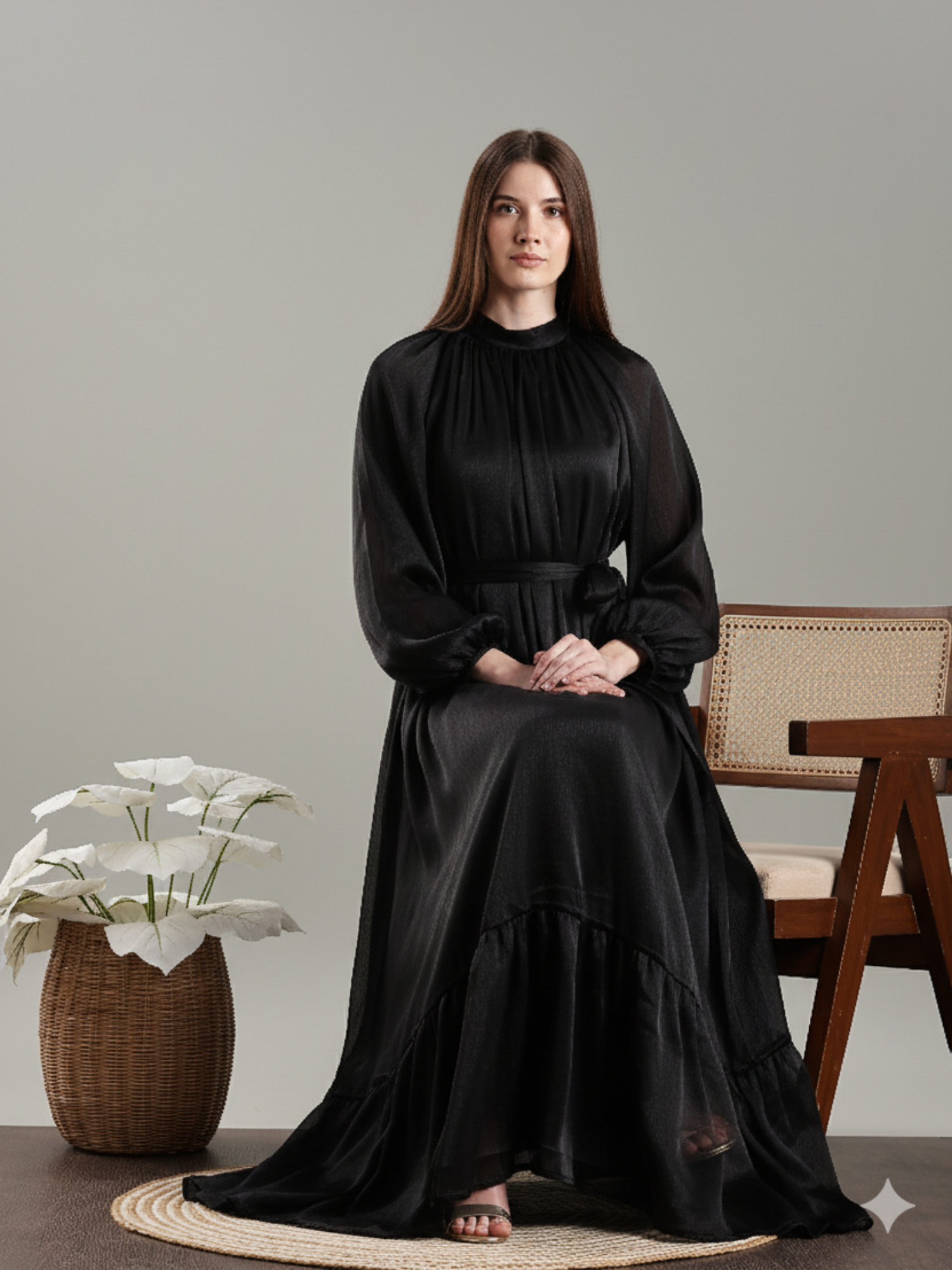 Elegant Yezwe Black Maxi Dress with Long Sleeves and Flowing Silhouette for Special Occasions