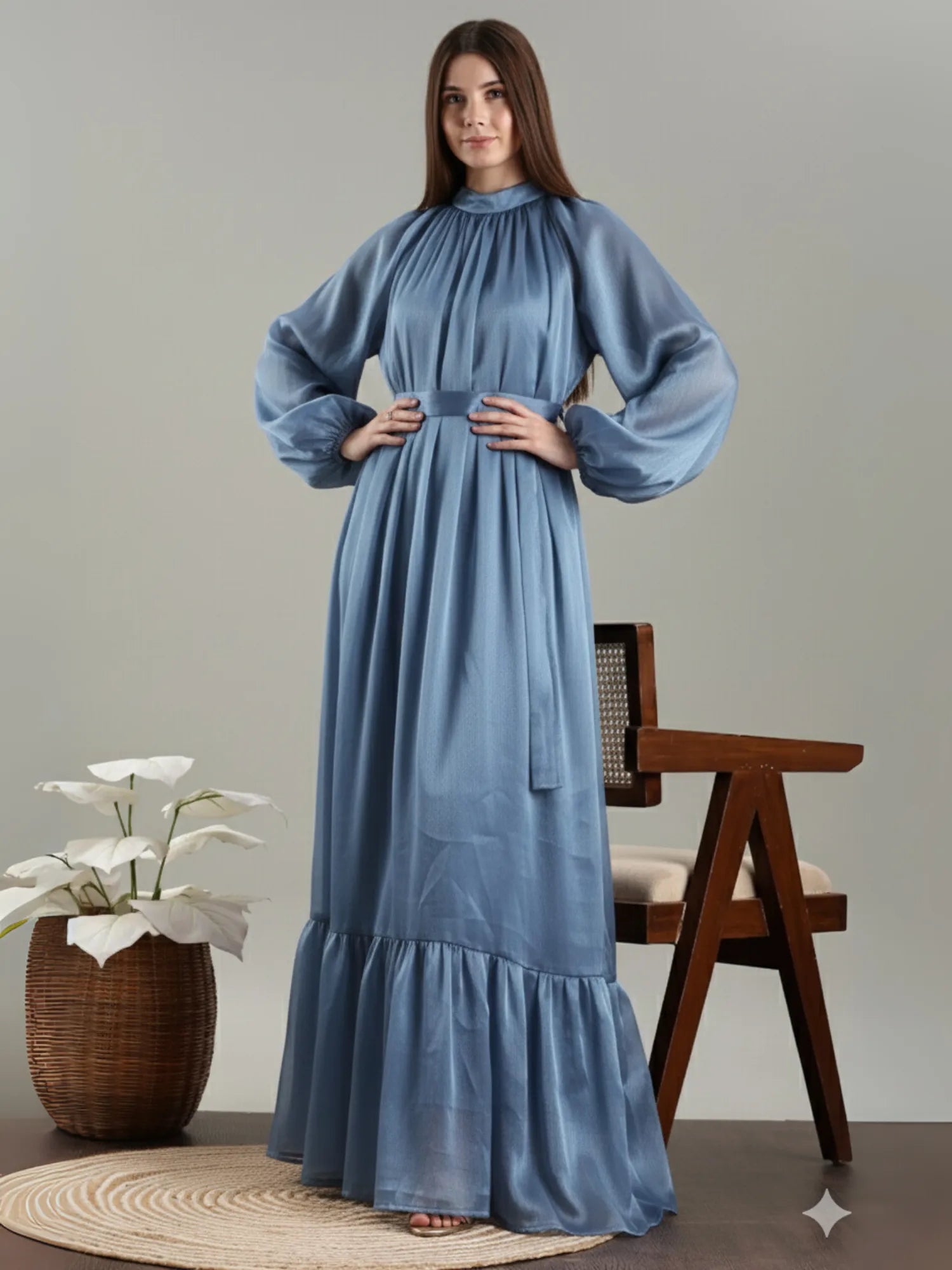 Yezwe Maxi Dress in Light Blue with Long Sleeves and Ruffled Hem for Elegant Summer Outfits