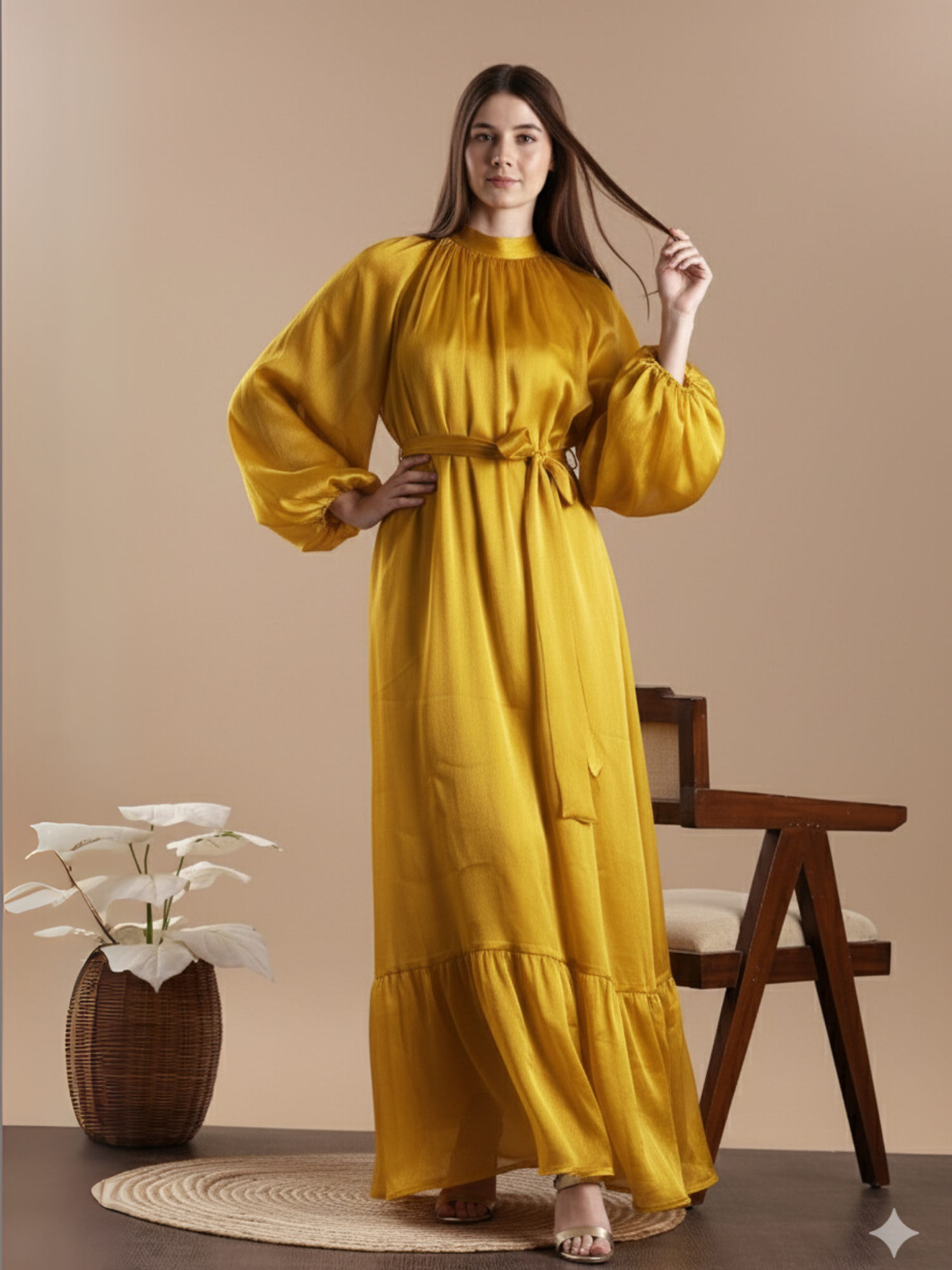 Yezwe Maxi Dress in vibrant yellow with long sleeves and a cinched waist for elegant summer style