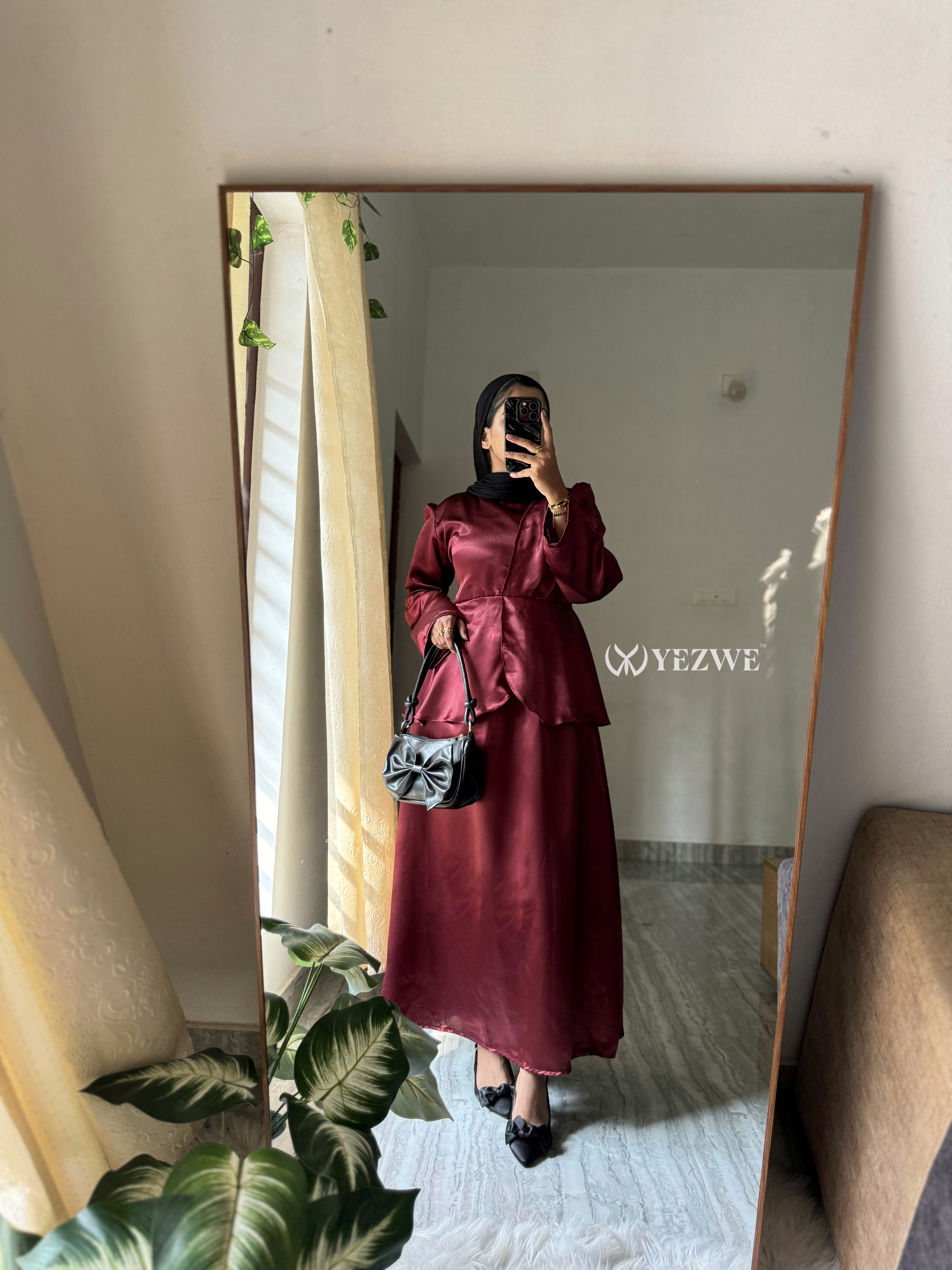 Yezwe Burgundy Plain Full Sleeve Satin Top and Skirt Co-Ord Set - Modest wear CO-ORD SET