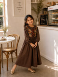 Miniyez Junior Girls Brown CEY Dress Printed Yoke Breathable Wear in a cozy cafe setting