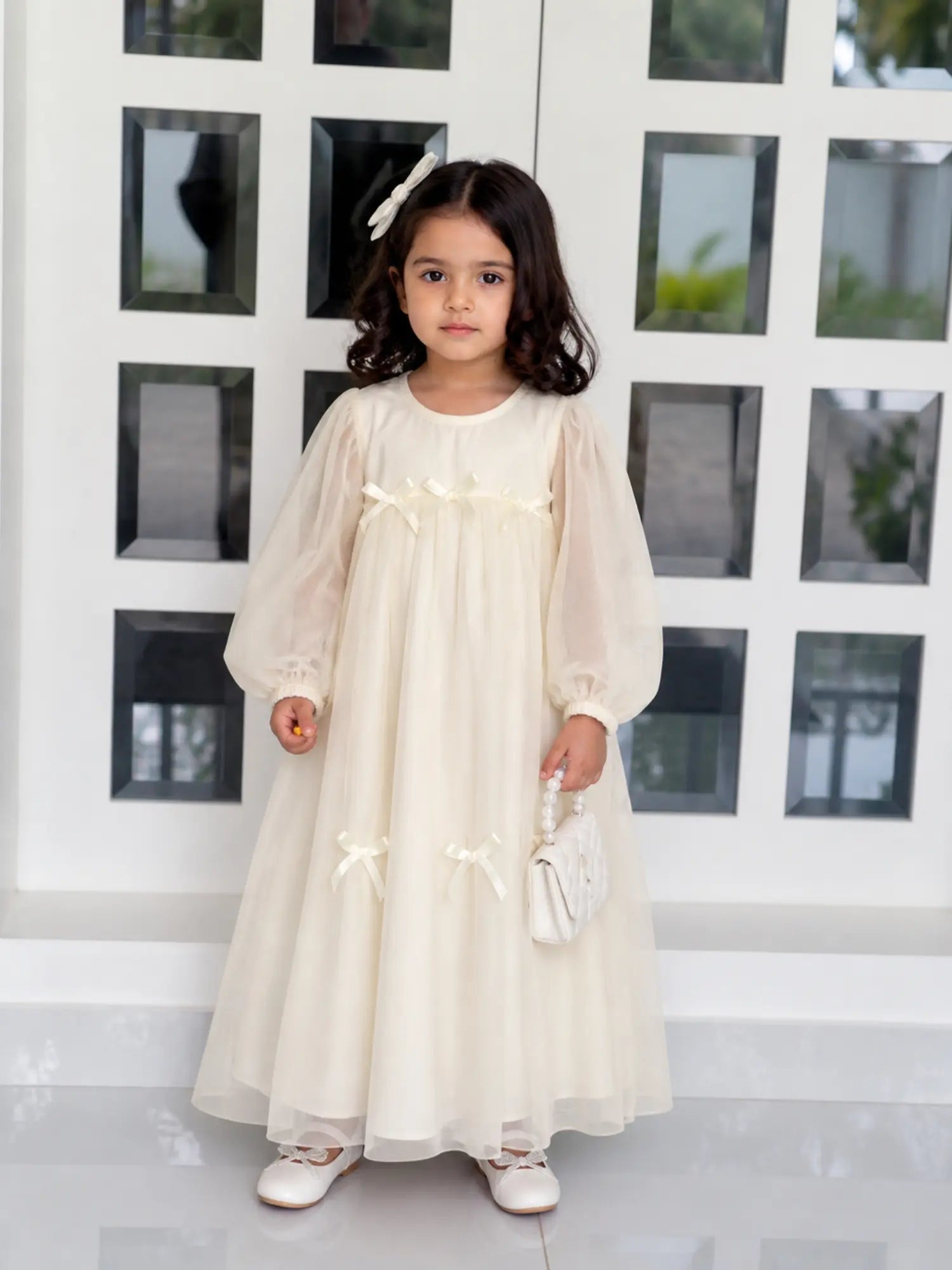 Miniyez Junior Girls Cream Net Party Dress Bow Flowy Kids Wear with Puff Sleeves and Elegant Style