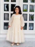 Miniyez Junior Girls Cream Net Party Dress Bow Flowy Kids Wear with delicate puff sleeves and bows