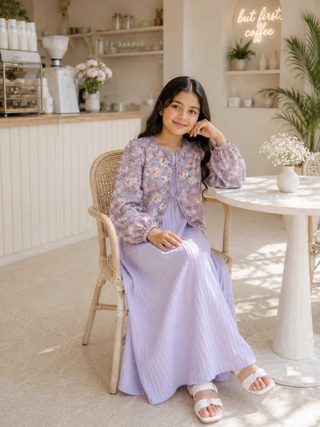 Miniyez Misty Lavender Gown with Floral Shrug - Junior Girls Fashion, perfect for stylish outings
