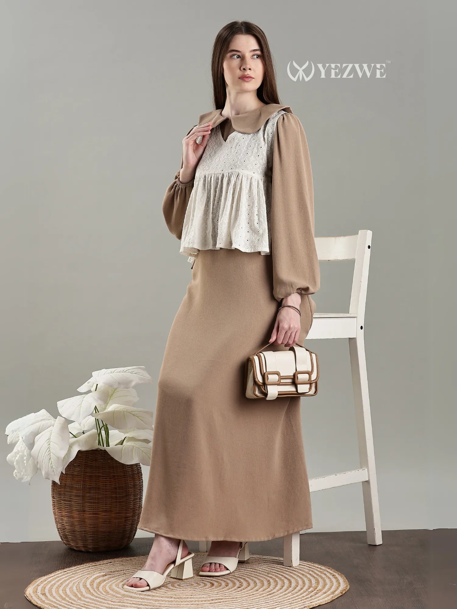 YEZWE Light Mocha Brown Cey Layered Modest Maxi Dress with Hakoba