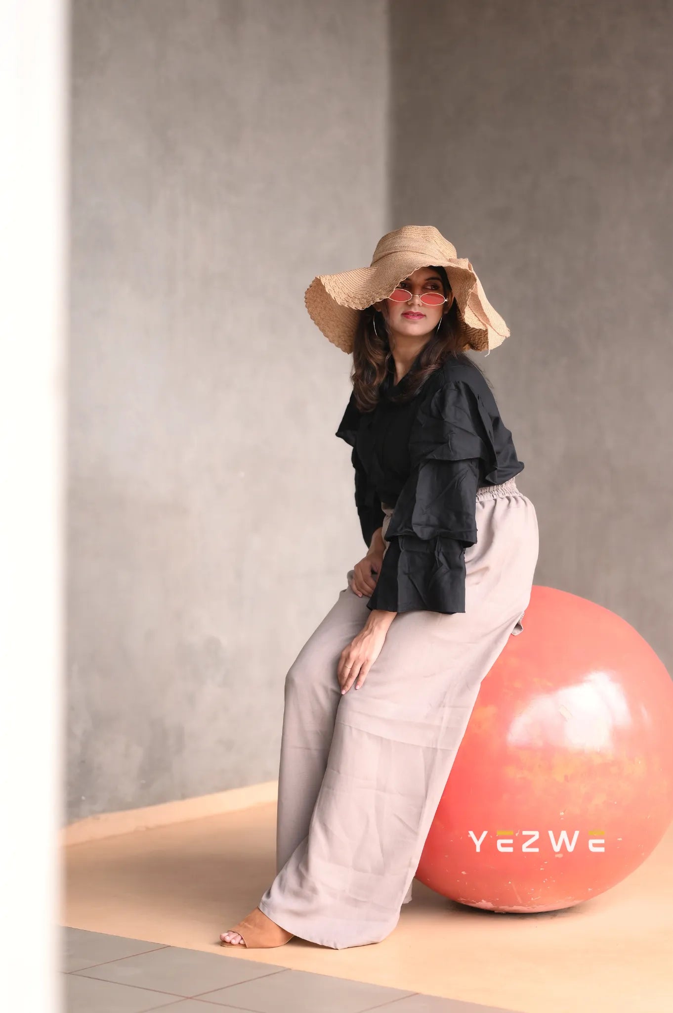Yezwe Black Color Ruffle Hand Top and High Waist Pant Co-ord Set - Modest Wear - YEZWE