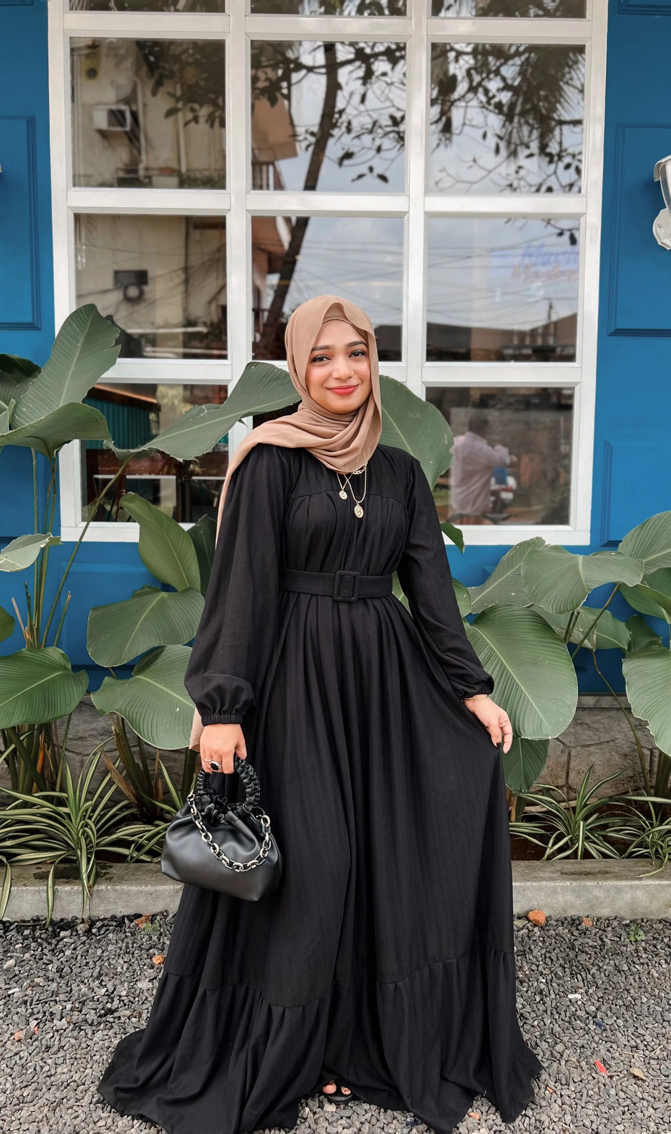 Yezwe Black Textured Rib Maxi Dress with Belt - Modest Wear - YEZWE