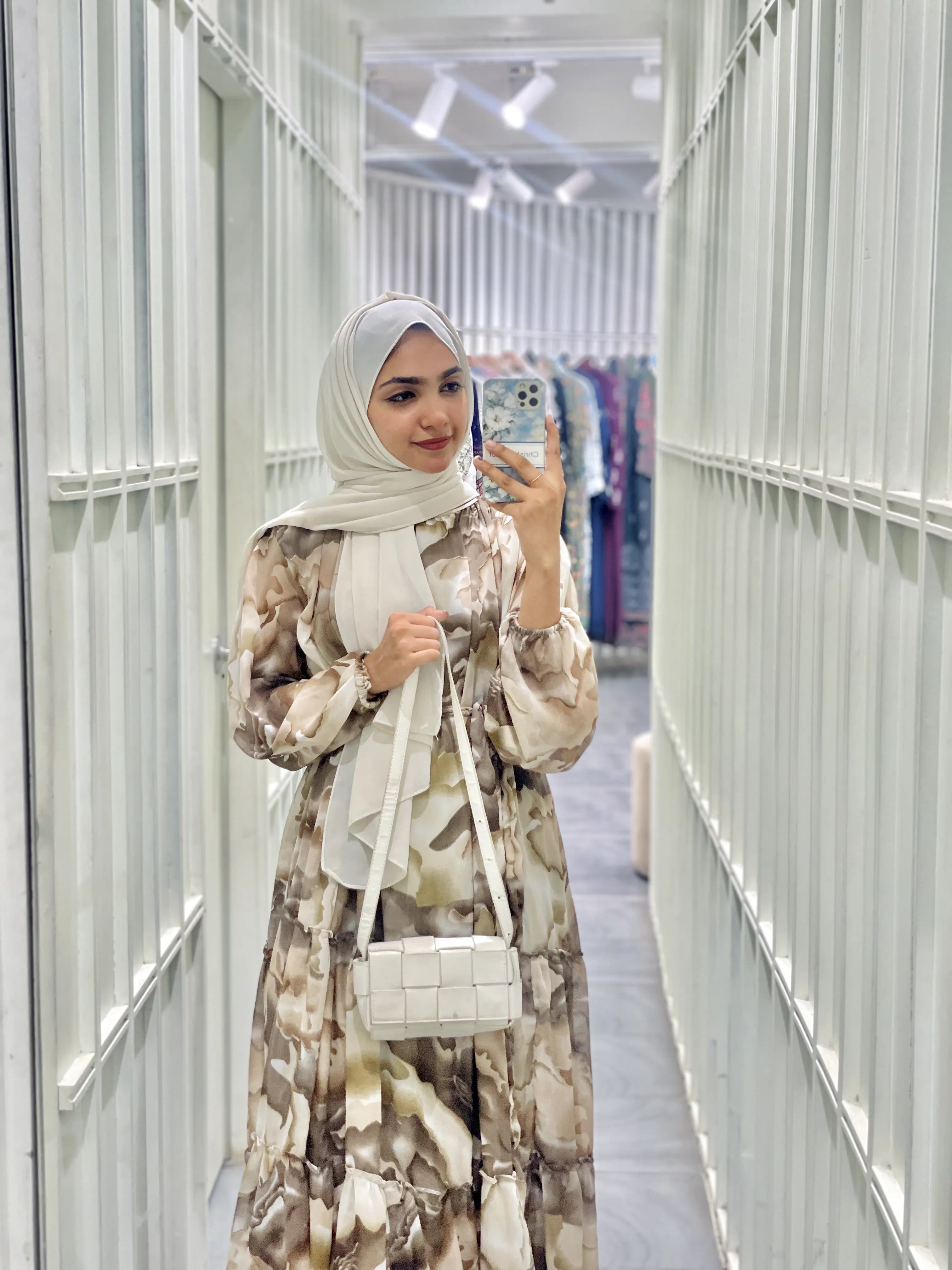 Yezwe Brown Print Georgette Maxi Dress with Cloth Belt - Modest Wear - YEZWE