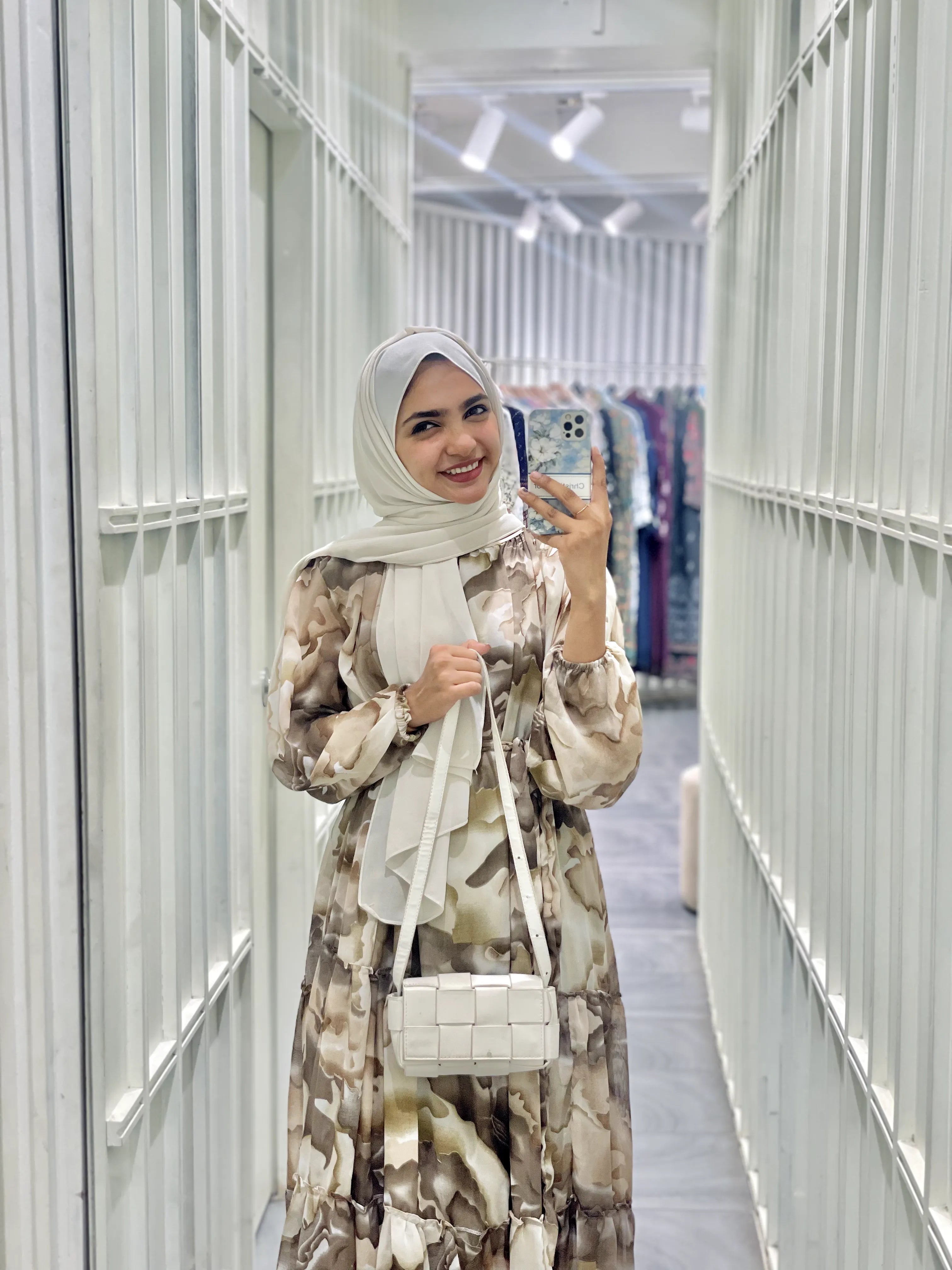 Yezwe Brown Print Georgette Maxi Dress with Cloth Belt - Modest Wear - YEZWE