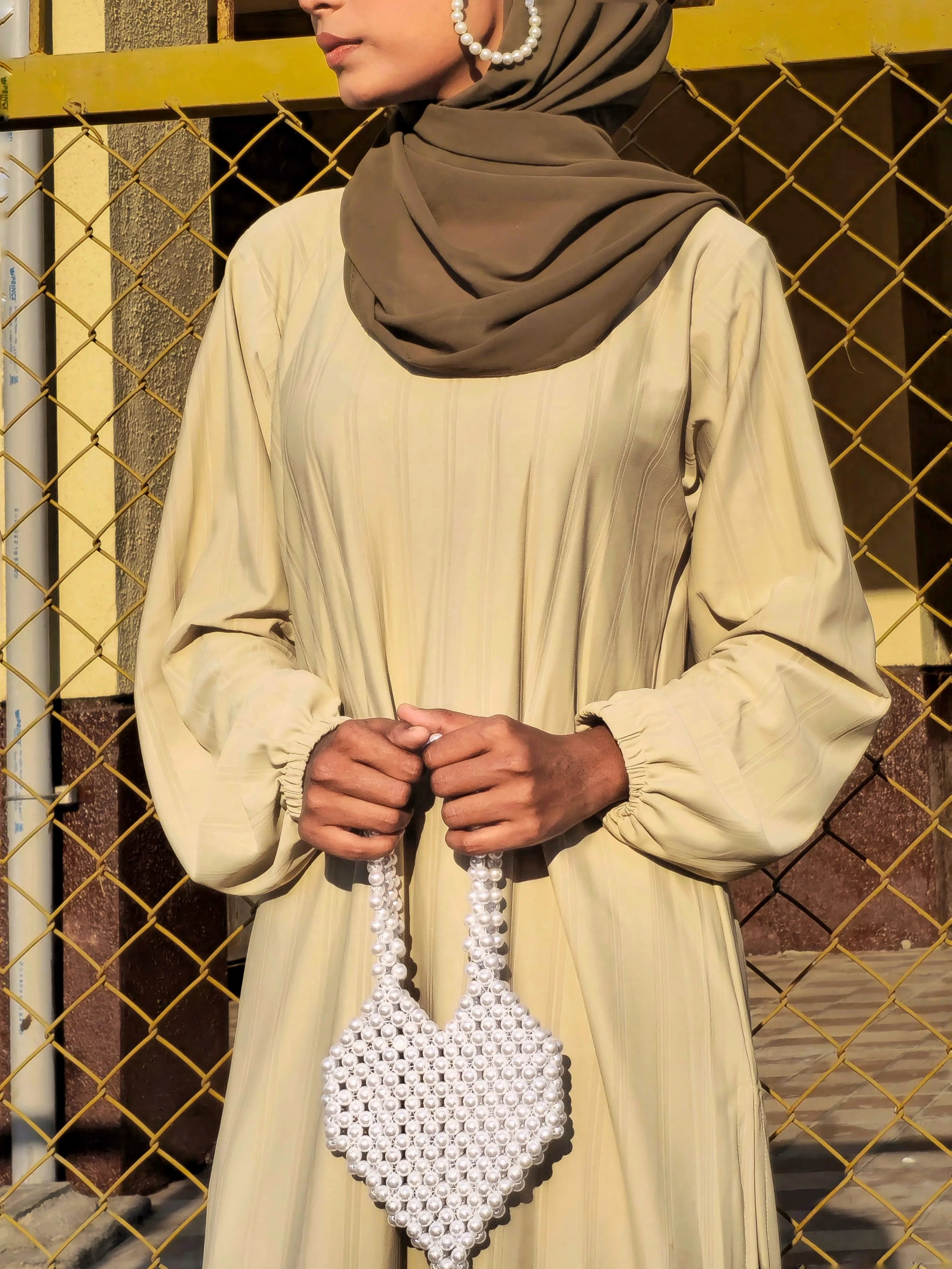 Yezwe Textured Beige Long Top and Pant Co-ord Set - Modest Wear - YEZWE