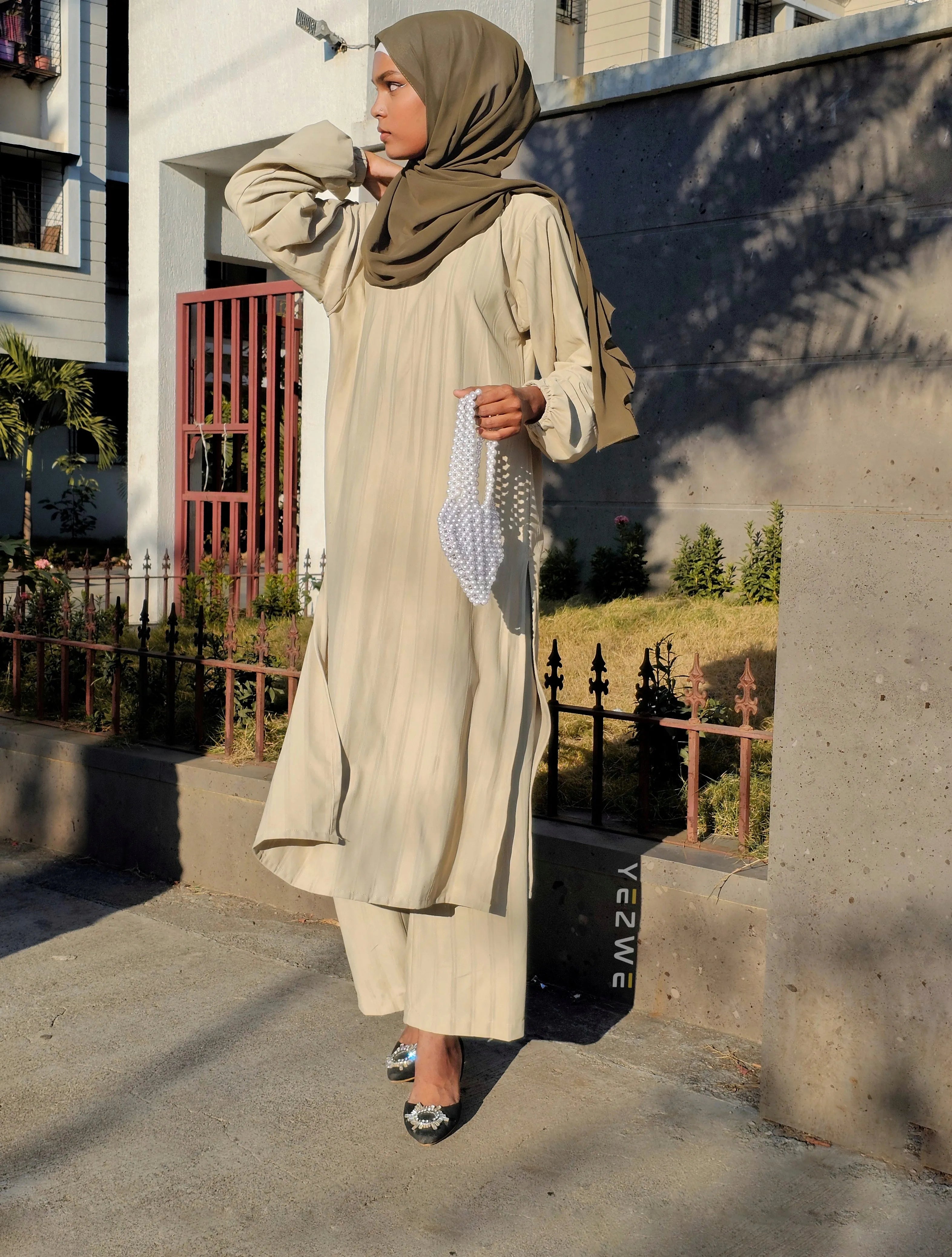 Yezwe Textured Beige Long Top and Pant Co-ord Set - Modest Wear - YEZWE