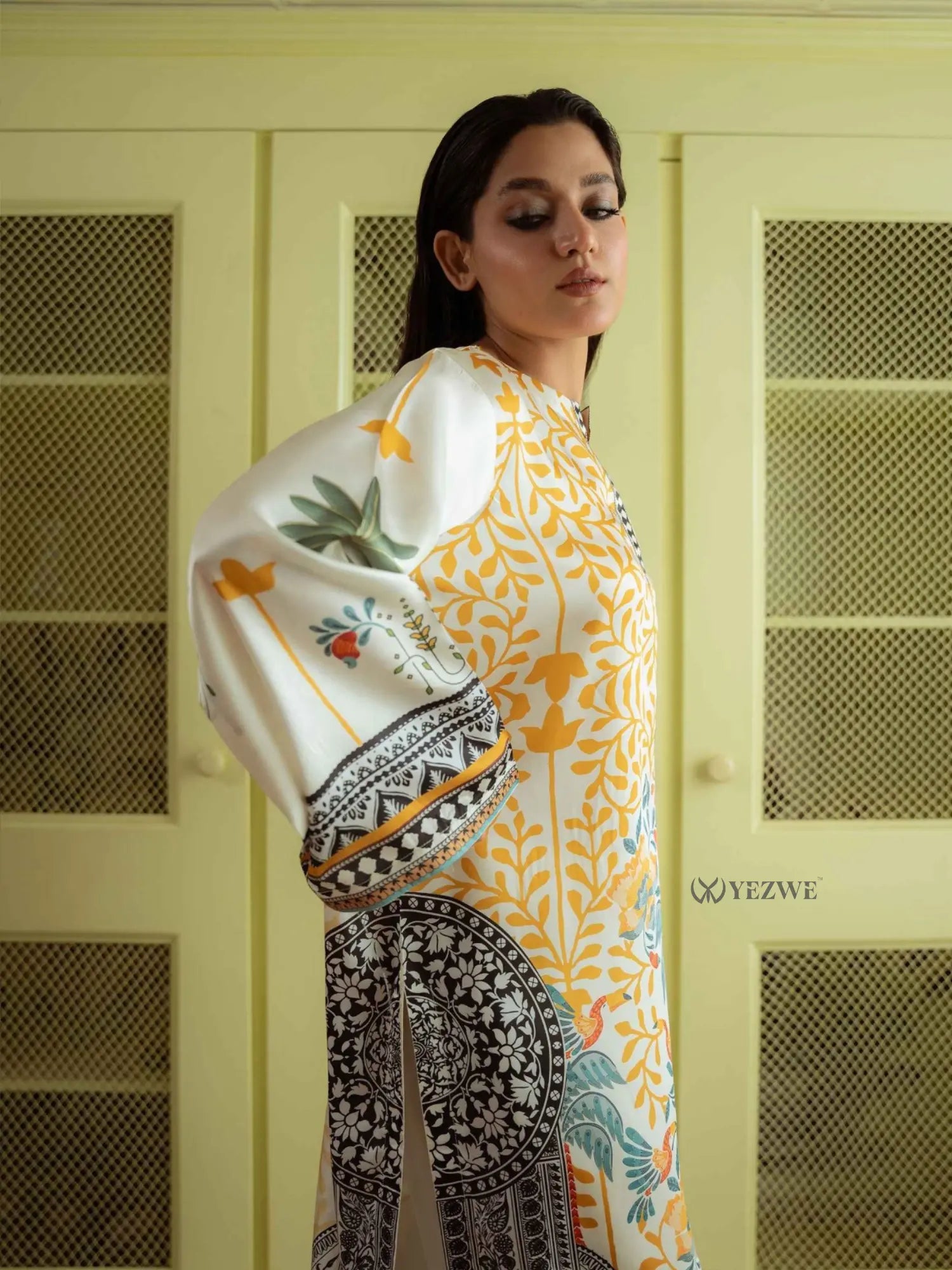 YEZWE Modest Co-Ord Set featuring colorful floral patterns and elegant sleeves