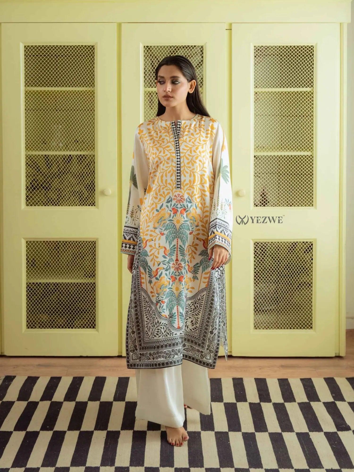 YEZWE Modest Co-Ord Set featuring a vibrant tunic with intricate floral designs and matching bottom