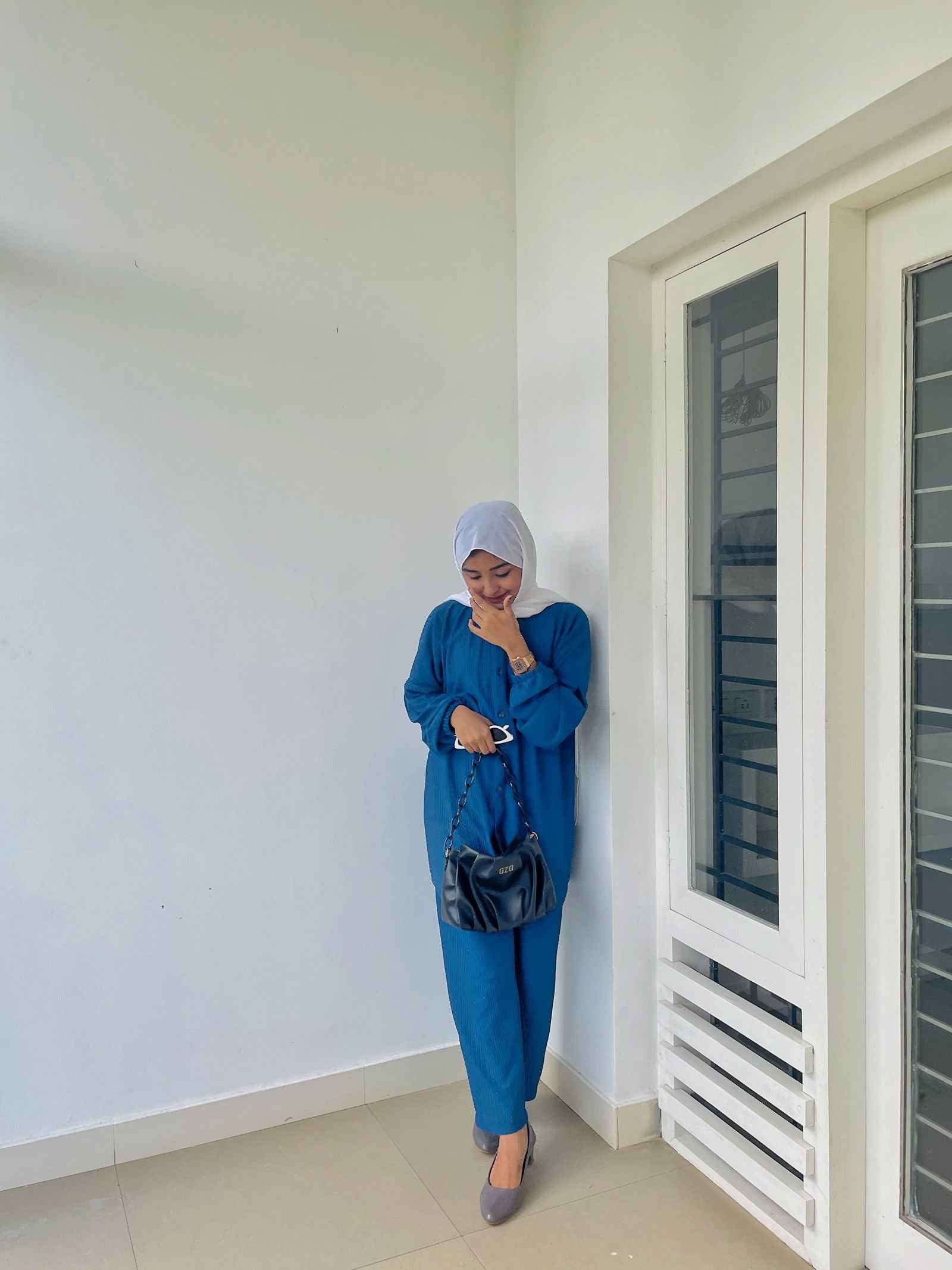 Yezwe modest fashion co-ord set in teal color, featuring a top and pant combination for a stylish look