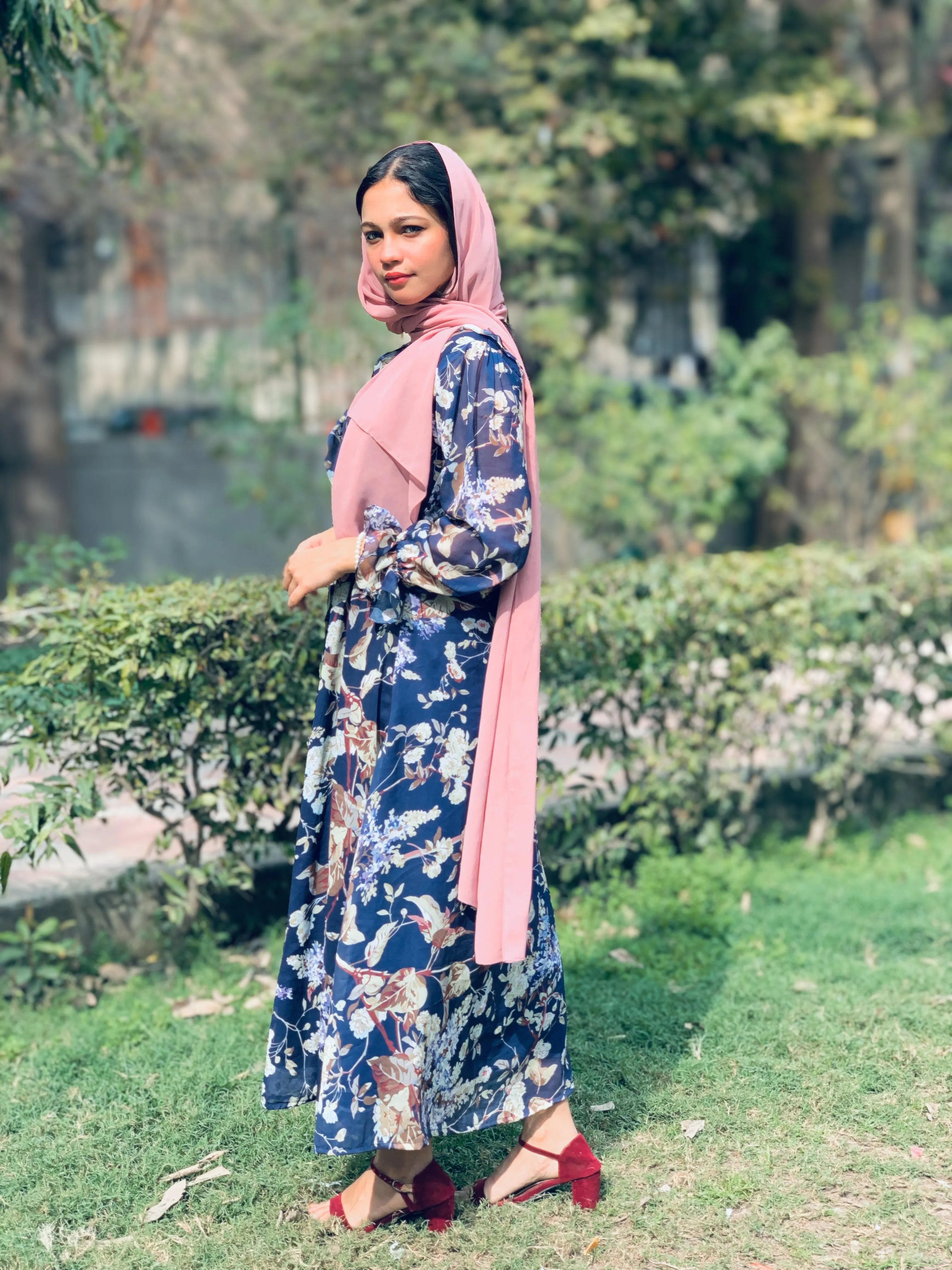 Modest floral georgette maxi dress in navy with pink scarf, perfect for stylish casual wear