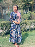 Yezwe modest floral georgette maxi dress in navy with vibrant floral patterns, perfect for elegant occasions
