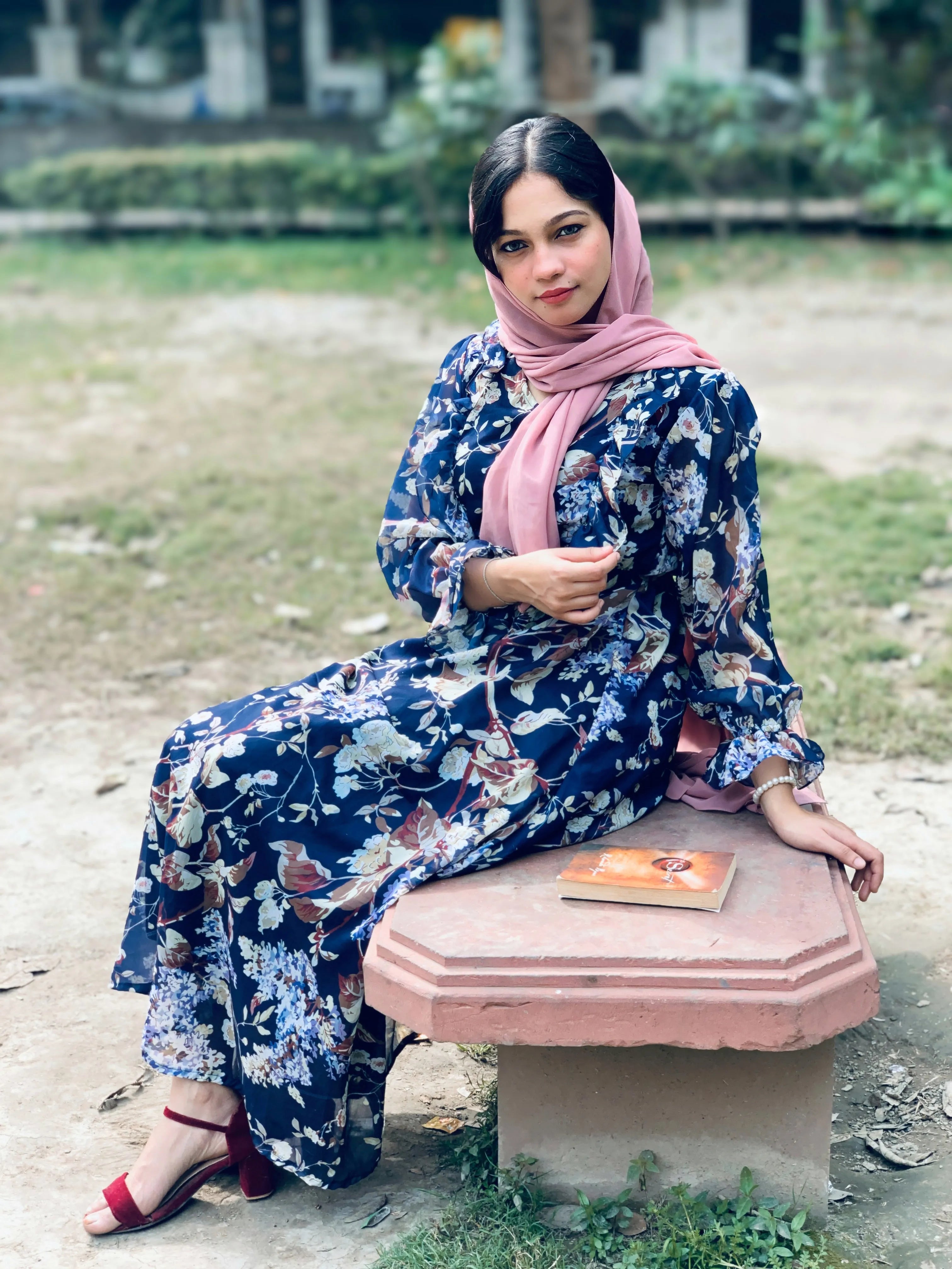 Modest floral georgette maxi dress by Yezwe featuring elegant floral patterns and long sleeves